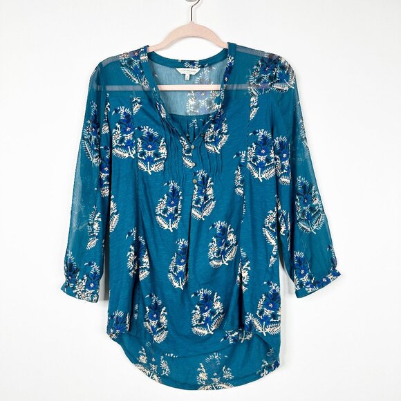2/$30 Lucky Brand Floral Print Smocked Tunic Top Deep Green Large #BAG1 - Picture 3 of 7